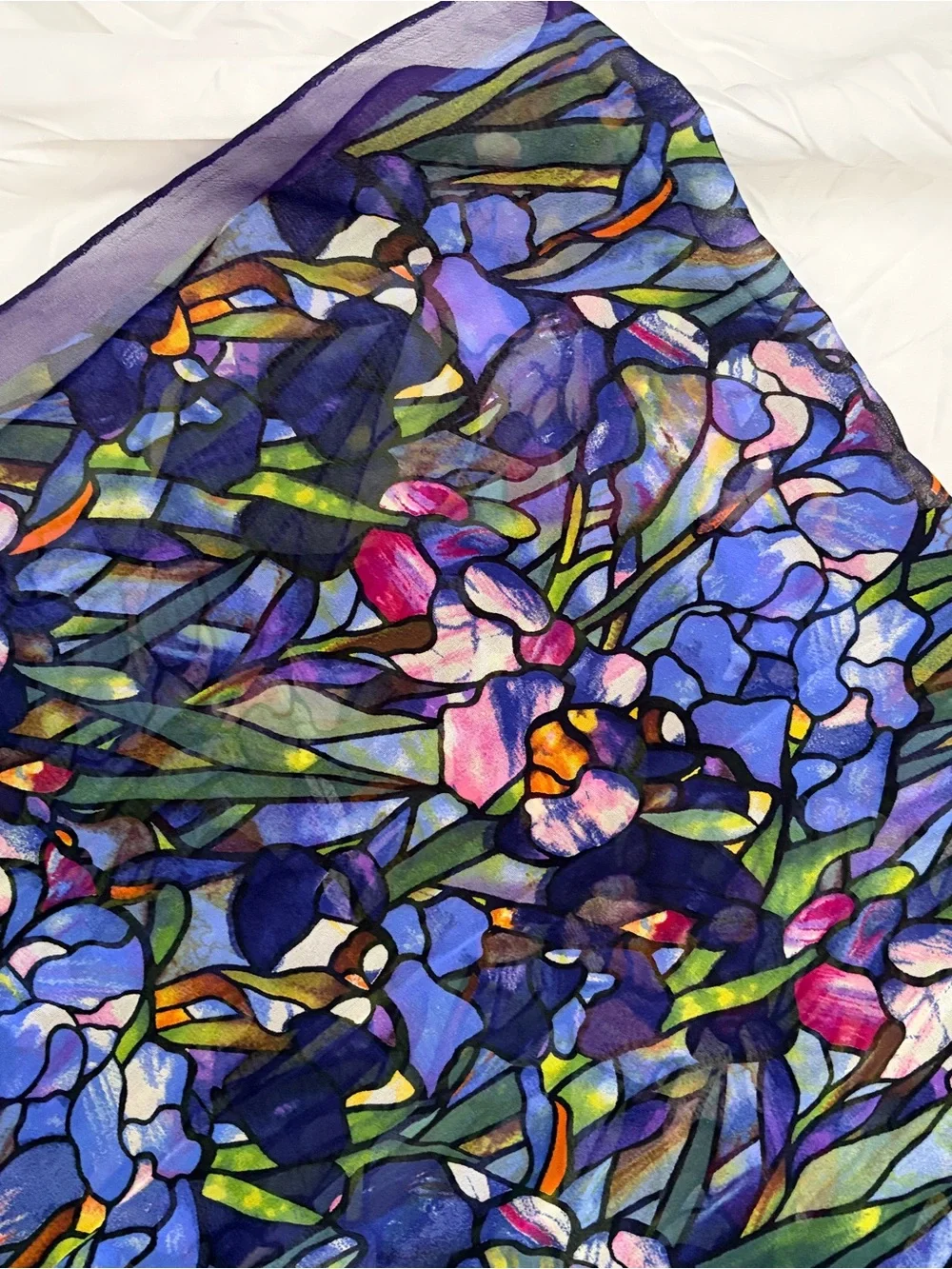 Vintage Floral Stained-Glass Silk Scarf in Purple and Blue